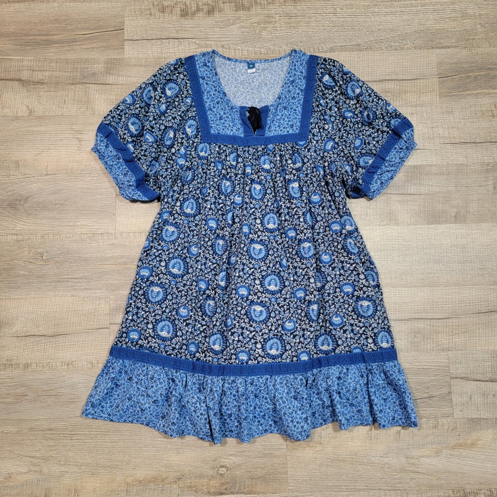 Old Navy XXL Blue Floral Boho Mini Dress Short Puff Sleeve Cottagecore Pockets